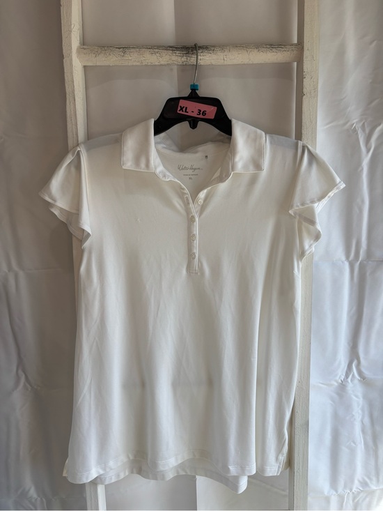 Walter Hagen Tops - Walter Hagen White Short Sleeve Polo with Ruffle Cap Sleeves